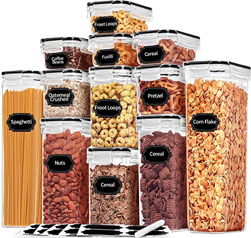 PRAKI Airtight Food Storage Containers with Lids, 12PCS Plastic Kitchen Storage Containers for Pantry Organizers and Storage - Cereal, Rice, Flour and Sugar Containers with Labels & Marker - color: Black-12 Piece