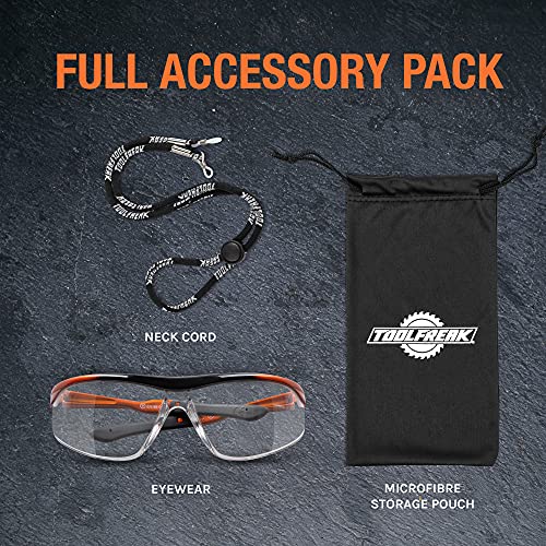 ToolFreak Safety Glasses, Wraparound Lens, ANSI z87.1, Impact Protection, U6 UV, Neck Cord and Microfibre Pouch,(Agent) - style: Clear Lens