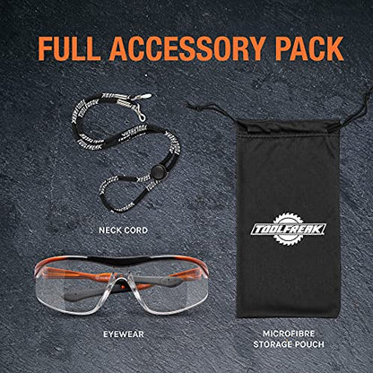 ToolFreak Safety Glasses, Wraparound Lens, ANSI z87.1, Impact Protection, U6 UV, Neck Cord and Microfibre Pouch,(Agent) - style: Clear Lens