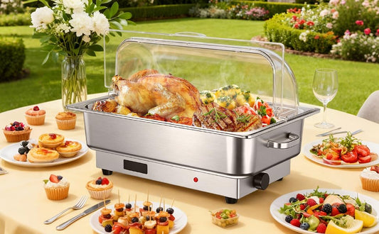 9 Qt Electric Chafing Dish Buffet Set, Stainless Steel Food Warmer with Roll Top Clear Lid, Adjustable Temperature Control, 1x1/1 Size Pans, Commercial Buffet Server for Catering, Parties & Events - size: 1x1/1 Size