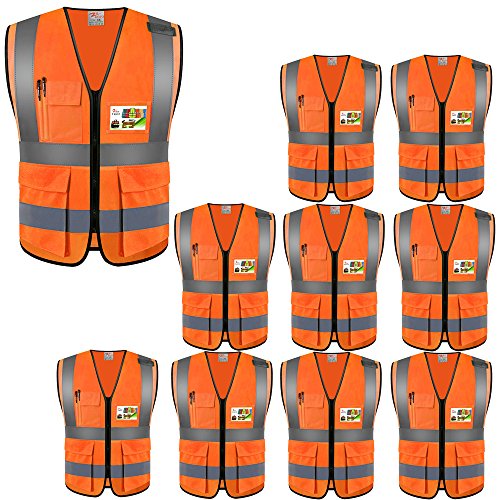 zojo High Visibility Reflective Safety Vest with Multi Pockets 10 Pack Bulk - color: Neon Orange, size: X-Large