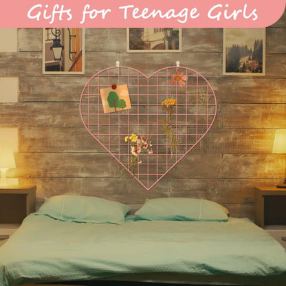 ECLENYES Grid Photo Wall Panels - 22.4"x20.4" Heart Shape Iron Rack Art Wire Board, Wall Grid Organizer, DIY Photo Frame for Home, Office, Kitchen, Bedroom, Christmas Gifts - Pink - color: Pink