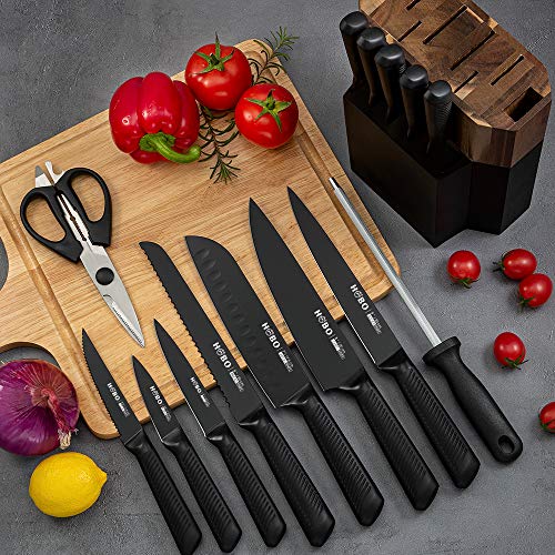 Knife Block Set, 15 Piece Stainless Steel Knife Set - color: Black