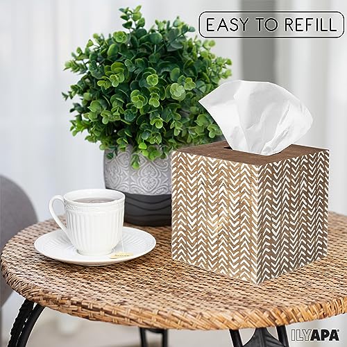 Ilyapa Wooden Tissue Box Cover, Herringbone Design - Barnwood, Modern - color: Barnwood Herringbone, size: 5" Square