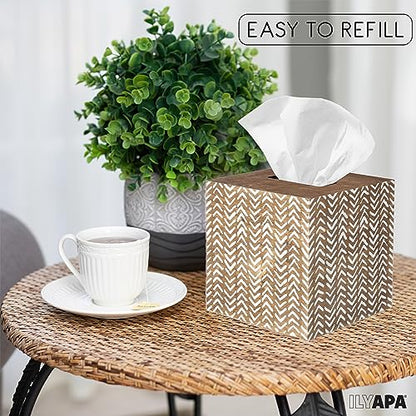 Ilyapa Wooden Tissue Box Cover, Herringbone Design - Barnwood, Modern - color: Barnwood Herringbone, size: 5" Square