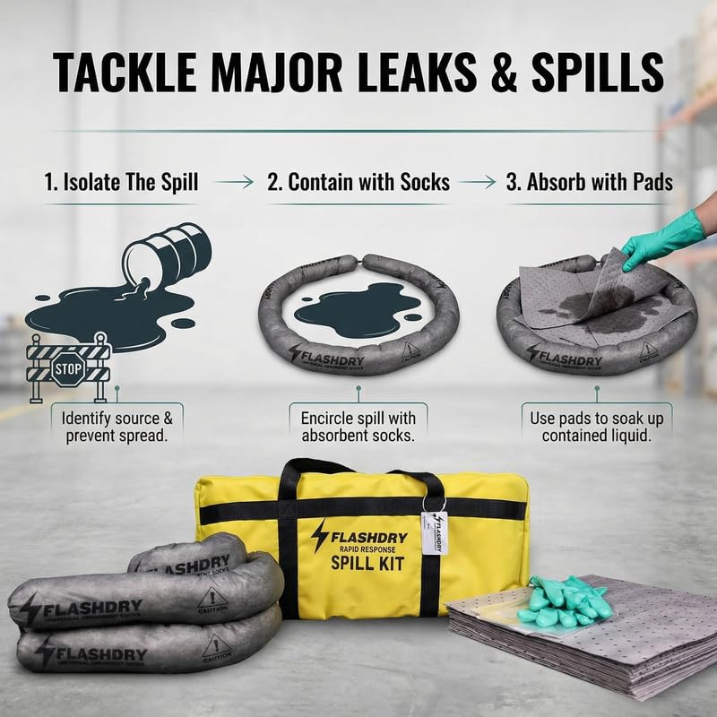 FlashDry Portable Universal Spill Kit Bag- Hazardous Clean Up Kit - Single - size: Single, style: No Absorbent