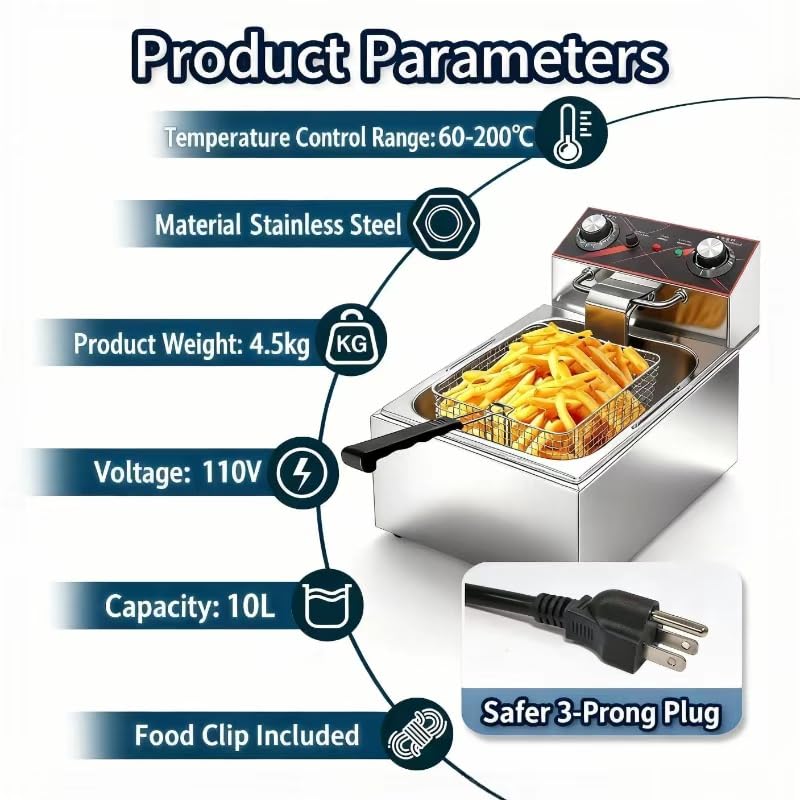 Commercial Deep Fryer with Timer, 10.6QT/10L Electric Countertop Deep Fryer 1800W 110V, Heavy Duty Stainless Steel Small Tank Oil Fryer for Restaurant Food Truck Small Business