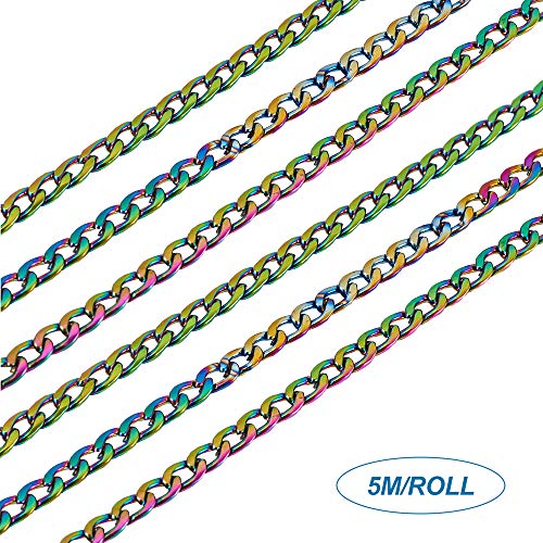 Craftdady 16 Feet Stainless Steel Twisted Curb Chain Link Multi-Color Unwelded Cable Cross Chain with Spool for Jewelry Pendant Necklace Bracelet Making - color: Multi-Colors, 5 Meters, 4.5x3mm