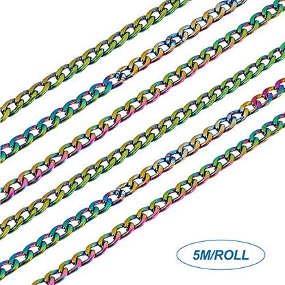 Craftdady 16 Feet Stainless Steel Twisted Curb Chain Link Multi-Color Unwelded Cable Cross Chain with Spool for Jewelry Pendant Necklace Bracelet Making - color: Multi-Colors, 5 Meters, 4.5x3mm
