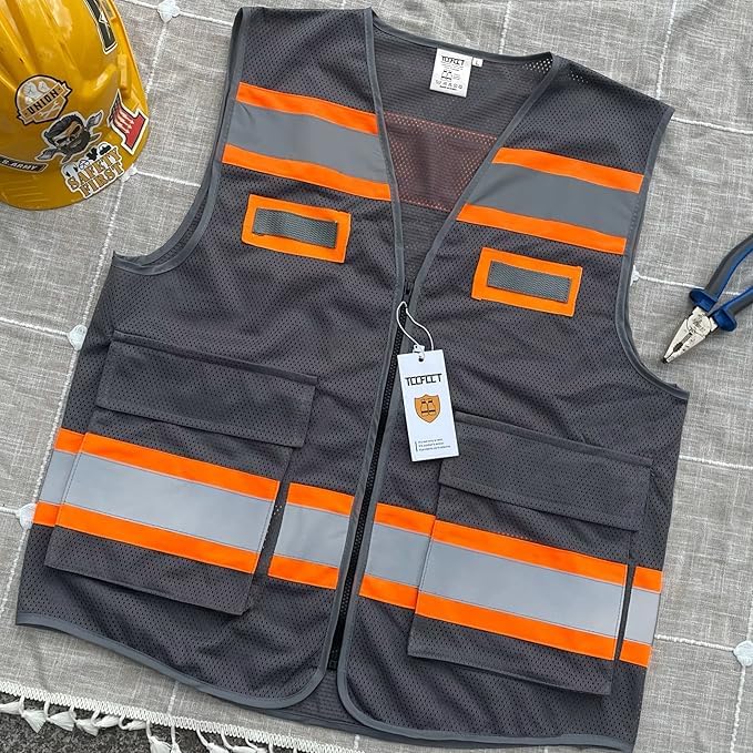 TCCFCCT Mesh Hi Vis Safety Vest for Men, 2 Pockets, Grey 3XL - color: Hawks 01-mesh Grey, size: 3X-Large