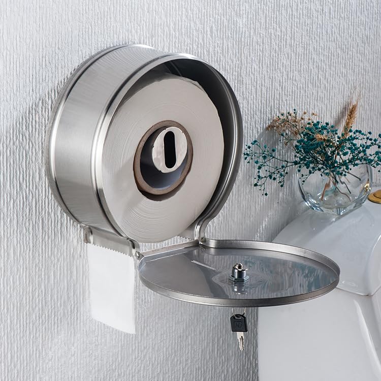 Commercial Jumbo Toilet Paper Dispenser, Brushed Stainless Steel Large Roll Bathroom Tissue Holder Wall Mount, 9” Diameter Lockable Dispenser with Key for Business Restrooms - color: Brushed Silver
