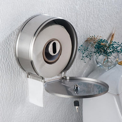 Commercial Jumbo Toilet Paper Dispenser, Brushed Stainless Steel Large Roll Bathroom Tissue Holder Wall Mount, 9” Diameter Lockable Dispenser with Key for Business Restrooms - color: Brushed Silver