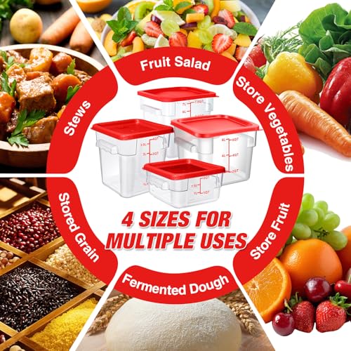 Square Storage Container with Lid, Commercial Box with Measurement Marks & Handle, for Baking, Dough Proofing, Meat Brining, Kitchen Tool (Red, 2QT-4PACK) - size: 2QT-4PACK