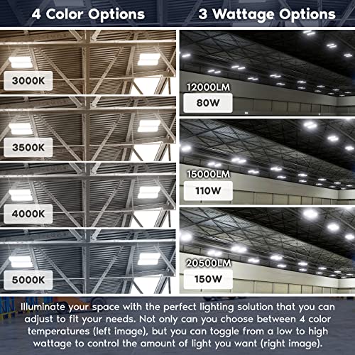 LUXRITE 14 Inch Linear High Bay LED Shop Lights, 80/110/150W Wattage Selectable, Up to 20500LM, 4CCT 3000K-5000K, Adjustable Tilt Hanging Shop Light, 0-10V Dimmable, 120-277V, UL - Warehouse Workshop