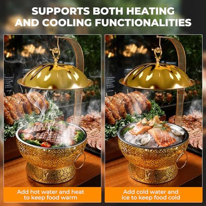 8QT Gold Chafing Dish Buffet Set, Luxury Stainless Steel Food Warmer, Elegant Hollow-Out Design Catering Server for Weddings, Parties, Hotel, Banquets, Christmas & Home Entertaining（4 pcs） - color: Gold01