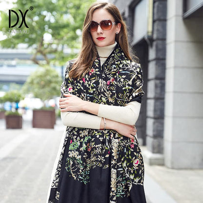 DANA XU 100% Merino Wool Extra Large Pashmina Shawl for Women - color: Black Floral Print