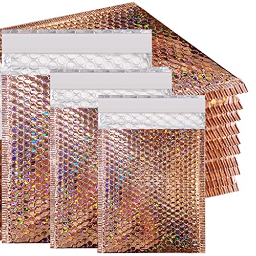50 Pcs Metallic Bubble Mailers,Holographic Bubble Mailers,Poly Padded Envelopes,Waterproof Self Seal Adhesive Shipping Bags,Holographic Envelopes for Mailing,Packing,Small Business,Thicken (Rose Gold)