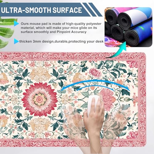 Pink Floral Large Gaming Mouse Pad with Stitched Edges,35.7" X 15.7" Thicken 3mm Extended Computer Office Desk Mat Pad,Gaming Mousepad Protector Non-Slip Rubber Base,Keyboard Mat Pink Desk Accessories - color: Classical Print