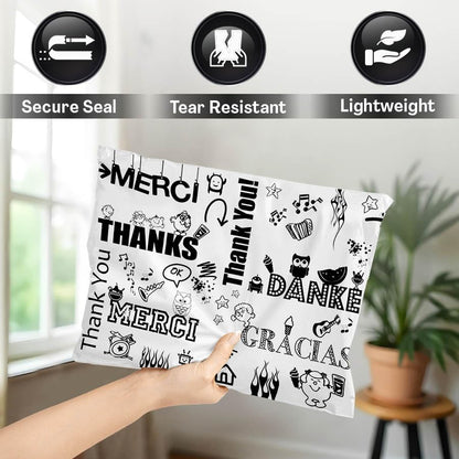 Shop4Mailers 6 x 9 Glossy Decorative Thank You Plastic Poly Mailer Bags Waterproof Shipping Mailing Envelope 2 Mil – Permanent Adhesive Seal (100 Pack, Multi-Language) - size: 6 X 9