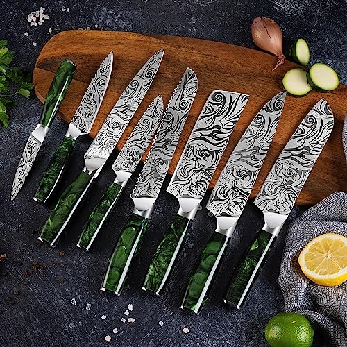 SENKEN 8-piece Engraved Japanese Kitchen Knife Set & Beautiful Green Resin Epoxy Handles - Wasabi Collection - Chef's Knife, Santoku, Cleaver, Paring, & More - size: 8-Piece Chef Knife Collection