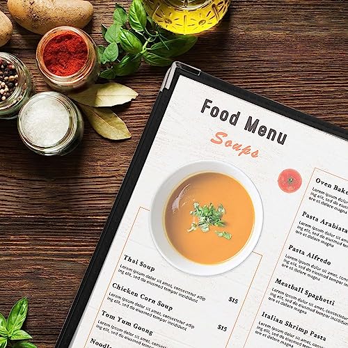 JAPCHET 4 Pack 8.5 X 11 Inch Menu Covers, Restaurant Menu Holder Covers 4 Page 8 View Menu Book Clear Plastic Menu Sleeves with Leather Edge Menu Covers for Restaurants, Hotels and Bars, A4 Size - color: Black, size: 4 Pack 4 Page