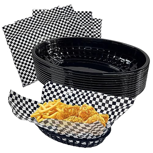 Rainmae Plastic Food Baskets with Parchment Paper Liners, 12 Fast Food Baskets with 120 Deli Paper Sheets, Bread Basket, Candy Fruits basket, Fast Food Baskets, Restaurant Baskets for Food-Retro Style - color: Black(12 Pcs+120 Deli Paper）