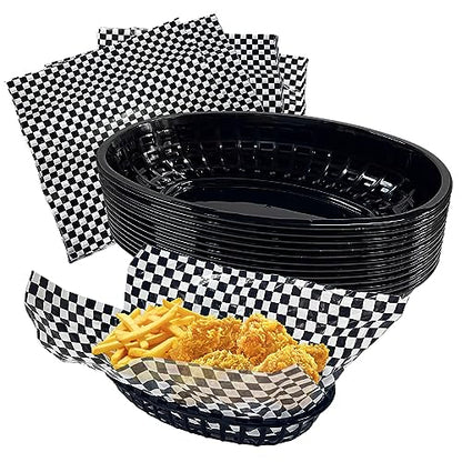Rainmae Plastic Food Baskets with Parchment Paper Liners, 12 Fast Food Baskets with 120 Deli Paper Sheets, Bread Basket, Candy Fruits basket, Fast Food Baskets, Restaurant Baskets for Food-Retro Style - color: Black(12 Pcs+120 Deli Paper）
