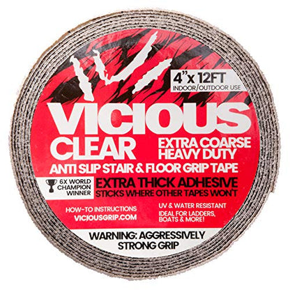 Vicious Clear Extra Coarse Heavy Duty Anti Slip Safety Traction Tape | 4 Inch x 12 Feet | Indoor Outdoor Industrial Commercial Use | Waterproof, Oil Resistant, Durable