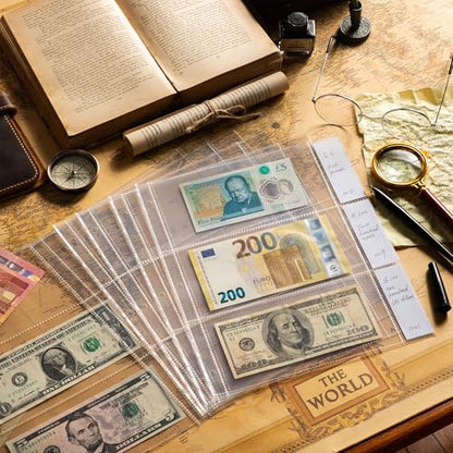 50 Sheets Currency Sleeves 150 Pockets with Labels for 3-Ring Binder - size: 50 Sheets/150 Pockets
