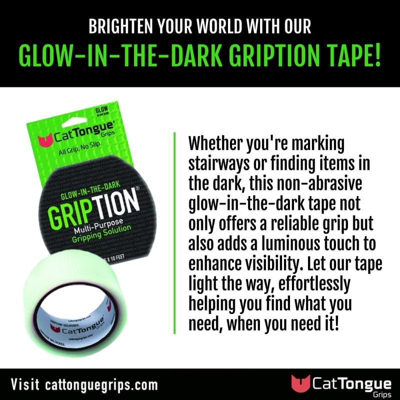 CATTONGUE GRIPS 2" x10' Grip Tape Roll, Non-Abrasive, Waterproof, Glow - color: Glow In The Dark, size: 2" x 10'
