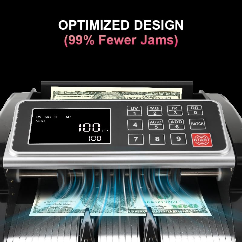 Money Counter, Cash Counter Machine with Value Count，Cash Counter for Dollar, Euro with UV/MG/IR/DD Counterfeit Detection, Add/Bat/Value Mode Bill Counting Machine with Large LCD Display