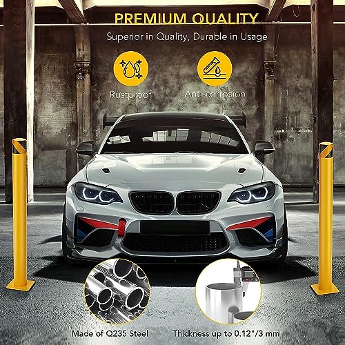 PioneerWorks Safety Bollard 6 Packs, 36 Inch Height Bollard Post, 4.5 Inch Diameter, Yellow Safety Steel Bollard Post with 8 Anchor Bolts, for Traffic Control, Driveway Barrier, Parking Pole - size: 36 inch