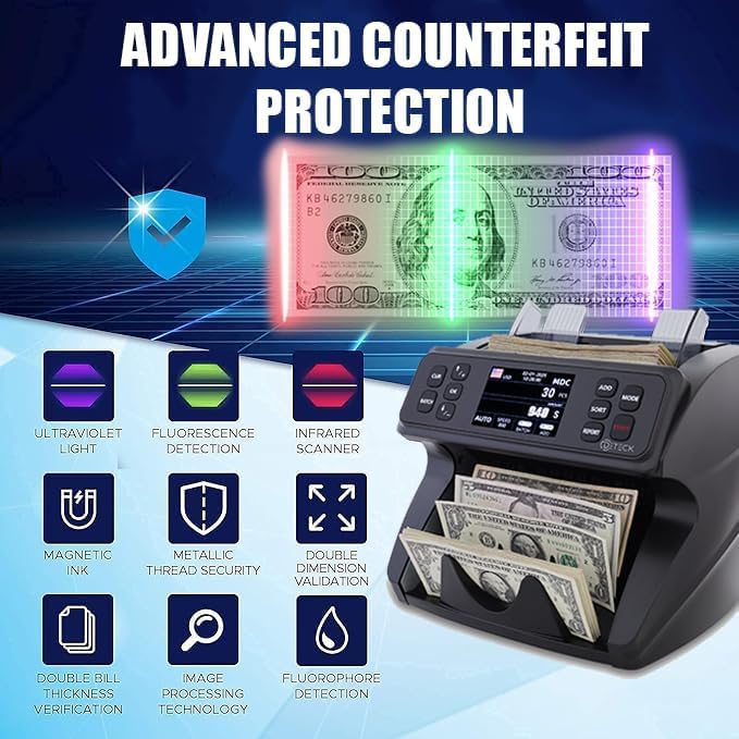 DETECK DETECK DT600 Bank Grade Money Counter Machine Mixed Denomination, Multi Currency Value Counting Money Machine, Serial Number, 2CIS/UV/IR/MG/MT Counterfeit Detection with DETECK DT40P Printer