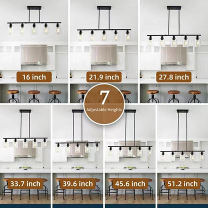 39.4" Kitchen Island Lighting, 5 Lights Clear Glass Pendant Light Fixtue, Black Linear Metal Chandelier for Dining&Living Room Foyer,Height Adjustable,E26 Socket - color: Black