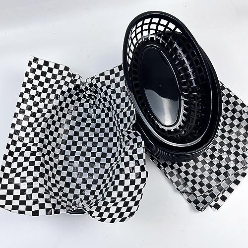 Rainmae Plastic Food Baskets with Parchment Paper Liners, 12 Fast Food Baskets with 120 Deli Paper Sheets, Bread Basket, Candy Fruits basket, Fast Food Baskets, Restaurant Baskets for Food-Retro Style - color: Black(12 Pcs+120 Deli Paper）