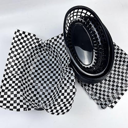 Rainmae Plastic Food Baskets with Parchment Paper Liners, 12 Fast Food Baskets with 120 Deli Paper Sheets, Bread Basket, Candy Fruits basket, Fast Food Baskets, Restaurant Baskets for Food-Retro Style - color: Black(12 Pcs+120 Deli Paper）