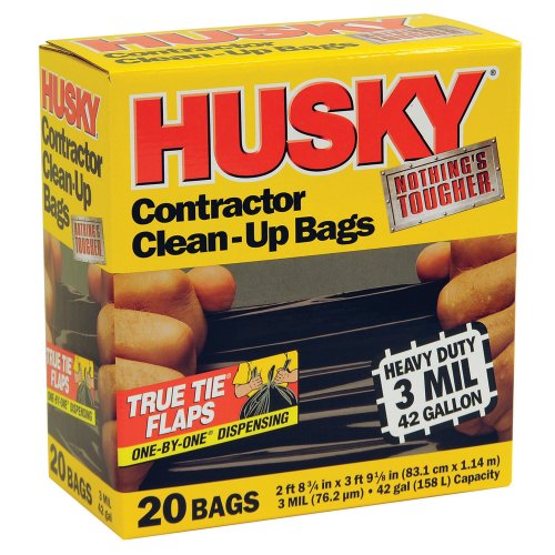 Husky HK42WC020B 42-Gallon Polyethylene Resin Contractor Clean-Up Bags, 20 Count, 2 ft 8.75in L x 3 ft 9.13 in W x 3 mil T, Black - color: Black (Pack of 1), style: Clean-Up Bags (Pack of 1)
