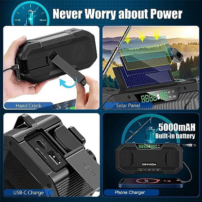 Solar Hand Crank Emergency Radio with Waterproof,Portable AM FM NOAA Weather Radio, Rechargeable 5000mAh/18500mWh Battery Power, Wind Up Flashlight Phone Charger, SOS,Survival Storm Hurricane - color: Black