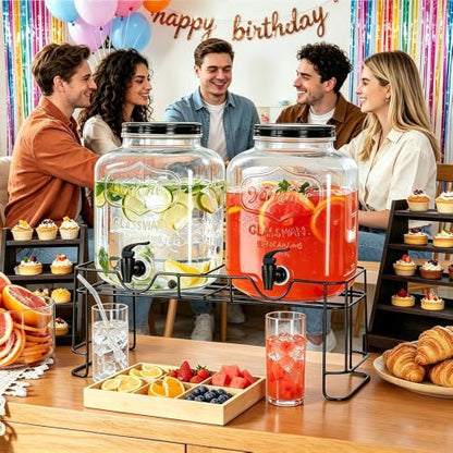 2 Pack 1.5 Gallon Large Glass Beverage Dispenser for Parties, Drink Dispenser with Stand, Lemonade Dispenser with Drip Tray for Iced Tea, Juice & Infused Water