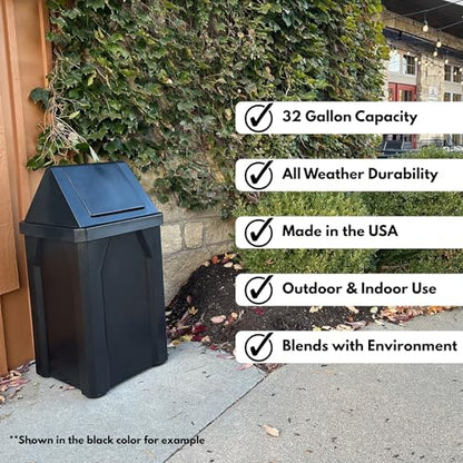 Commercial Trash Can Swing Top Lid - Outdoor Garbage Can - color: Brown, size: 32 Gallon Square Slatted