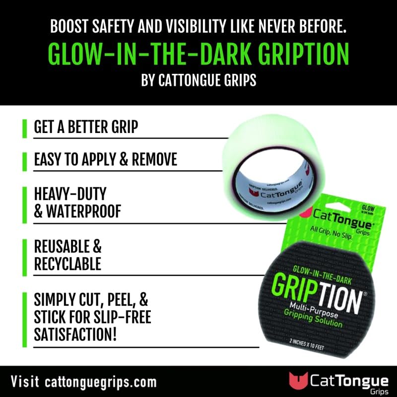 CATTONGUE GRIPS 2" x10' Grip Tape Roll, Non-Abrasive, Waterproof, Glow - color: Glow In The Dark, size: 2" x 10'