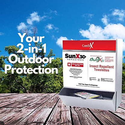 CoreTex Sun X 30+ & Bug X 30 Combo Pack - Includes 50 Total Packets in Wallmount Box - 25 Lotion Pouches & 25 Insect Repellent Towelettes - style: Sun X 30/Bug X 30 Combo