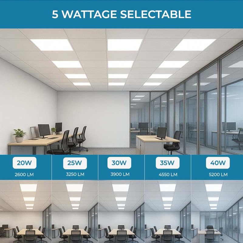 6 Pack 2x2 LED Flat Panel Light for Drop Ceiling, 5200lm Selectable 20W/25W/30W/35W/40W, Color Temperature 3000K/3500K/4000K/5000K/6500K, 0-10V Dimmable, 120-277V, ETL - size: 2x2 5CCT 6 Pack