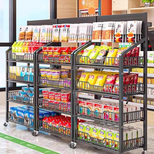 4 Tier Retail Display Racks, Freestanding Snack Rack Display Stand with 15 Hooks & 4 Wheels, Metal Snack Shelf Organizer for Supermarket Retail Store Commercial Kitchen Office, Black - size: 4Tier/10.63"D X 23.62"W X 55.12"H