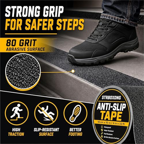 STRBOXONG Anti Slip Tape 4 in x 33 ft, Black 80 Grit Non Slip Grip Tape Roll, Waterproof Self Adhesive Traction Tape for Stairs Steps Ramps Ladders Workshop Walkways Industrial Safety Commercial Use - size: 4 in x 33 ft