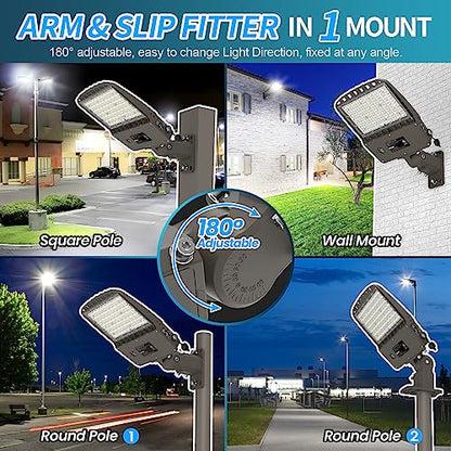 AKK 240W LED Parking Lot Light 220W 200W Selectable, 38400LM (160LM/W) LED Shoebox Pole Lights, Adjustable Arm & Slip Fitter in 1 Mount, Dusk to Dawn Photocell Area Light, Waterproof LED Street Lights - size: 240W/220W/200W Switchable