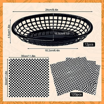 Rainmae Plastic Food Baskets with Parchment Paper Liners, 12 Fast Food Baskets with 120 Deli Paper Sheets, Bread Basket, Candy Fruits basket, Fast Food Baskets, Restaurant Baskets for Food-Retro Style - color: Black(12 Pcs+120 Deli Paper）
