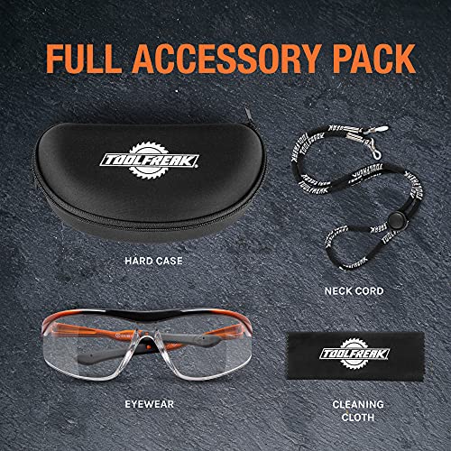 ToolFreak Safety Glasses, Wraparound Lens, ANSI z87.1, Impact Protection, U6 UV, Neck Cord and Microfibre Pouch,(Agent) - style: Clear Lens, Neck Cord + Hard Case