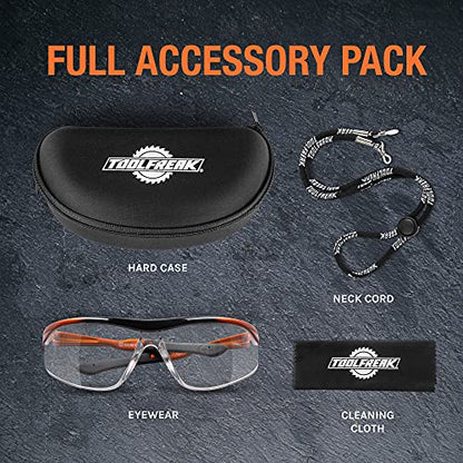 ToolFreak Safety Glasses, Wraparound Lens, ANSI z87.1, Impact Protection, U6 UV, Neck Cord and Microfibre Pouch,(Agent) - style: Clear Lens, Neck Cord + Hard Case