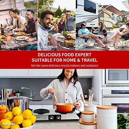 Hot Plate, Techwood 1800W Portable Electric Stove for Cooking Countertop Dual Burners with Adjustable Temperature & Handles, 7.5” Cooktop for Home/RV/Camp, Compatible for All Cookwares, Silver - color: Silver, size: Double Burner
